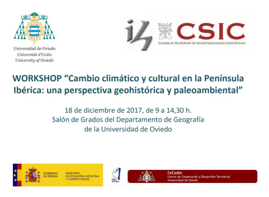 Cartel Workshop 'Cambio climático y cultural en la Península Ibérica: una perspectiva geohistórica y paleoambiental'.