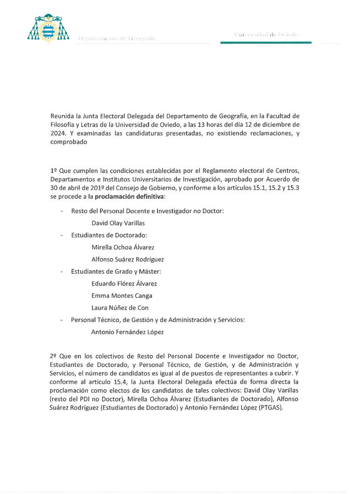 Imagen Proclamación Definitiva de Candidaturas para la Elección de Representantes al Consejo de Departamento de Geografía en la Universidad de Oviedo